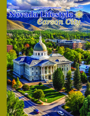 Cover of the 2026 Nevada Lifestyle Carson City magazine featuring the Nevada State Capitol building, surrounding greenery, and mountain scenery.
